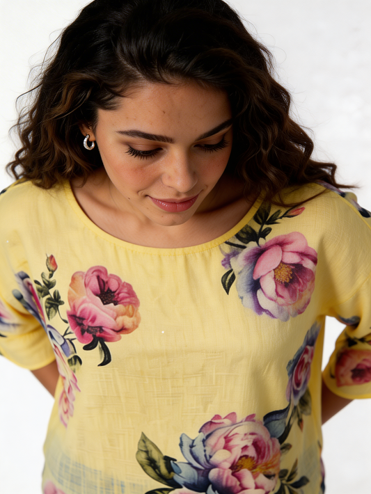 Large Bloom Floral Print Linen-Blend Top - Lemon