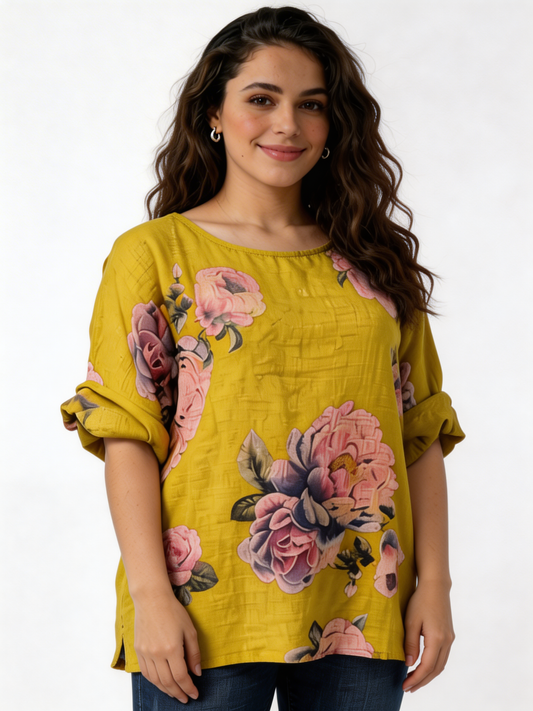 Top van linnenmix met grote bloemenprint - Chartreuse
