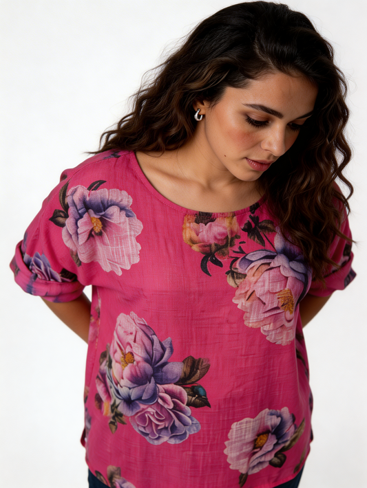 Large Bloom Floral Print Linen-Blend Top - Fuchsia