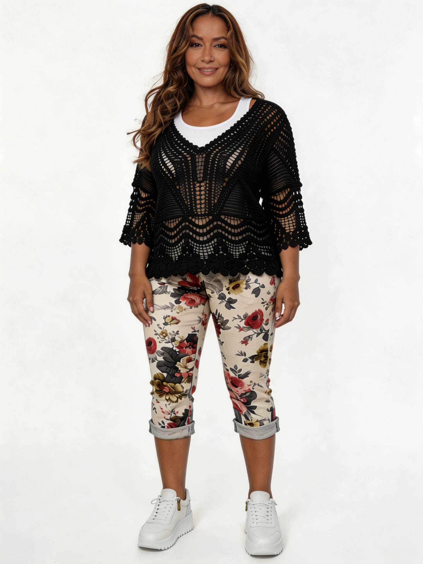 Geometric Open-Weave Crochet Top - Black