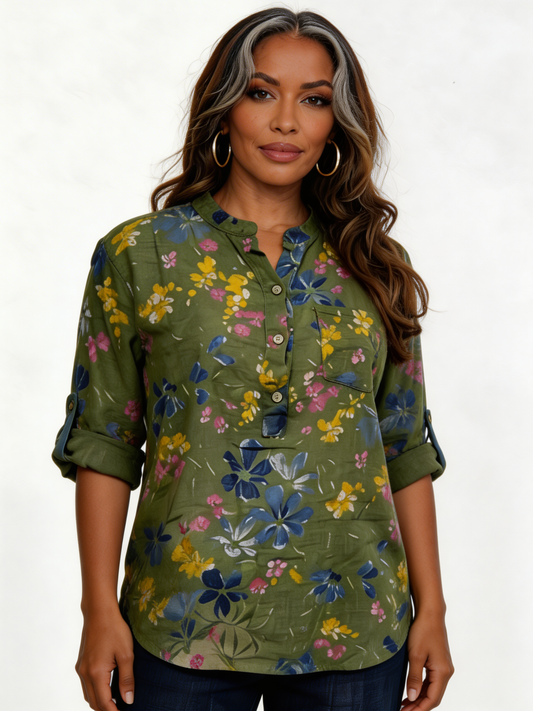 Watercolour Floral Print Linen-Blend Popover Blouse — Khaki