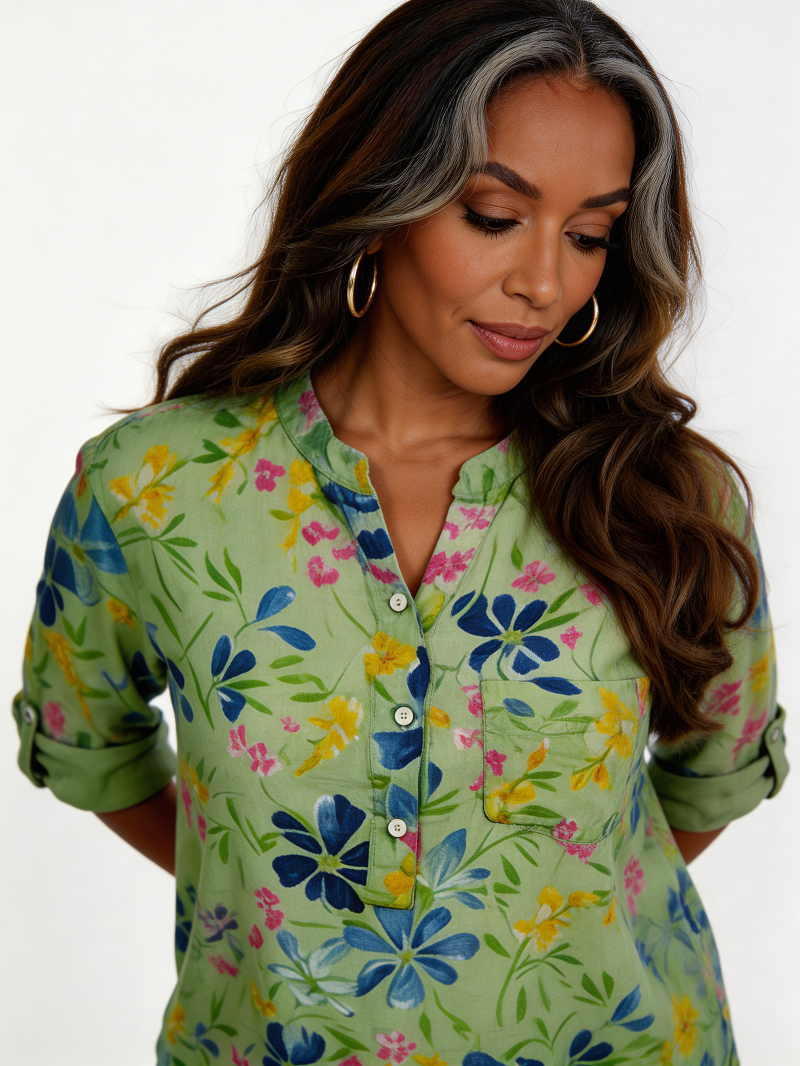 Watercolour Floral Print Linen-Blend Popover Blouse — Sage
