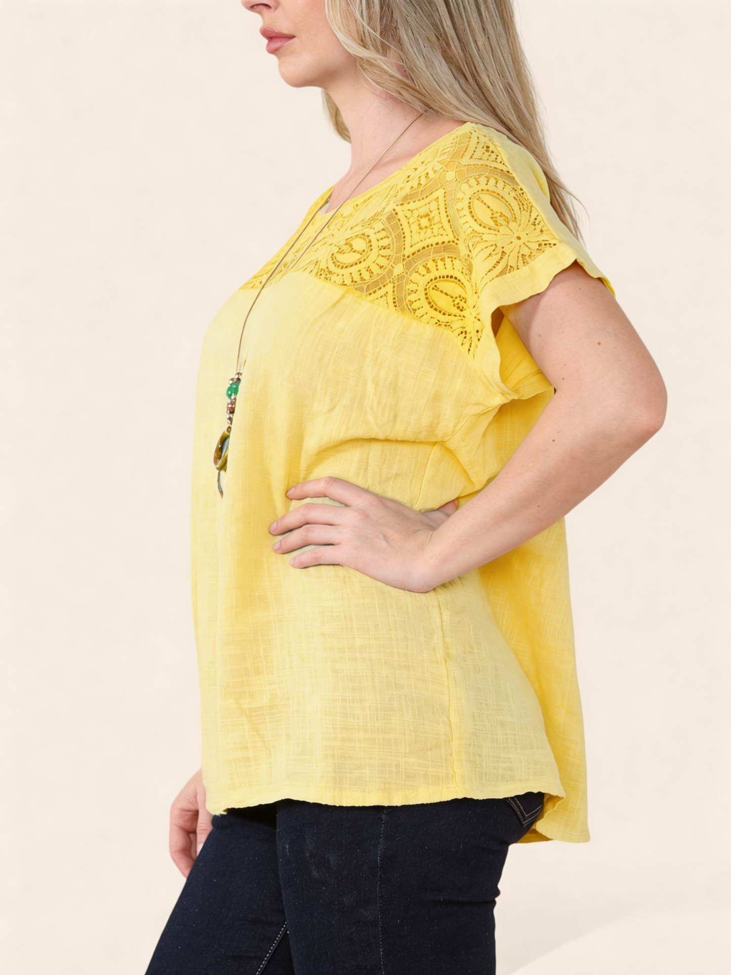 CROCHET LACE SHOULDER DETAIL TOP - LEMON