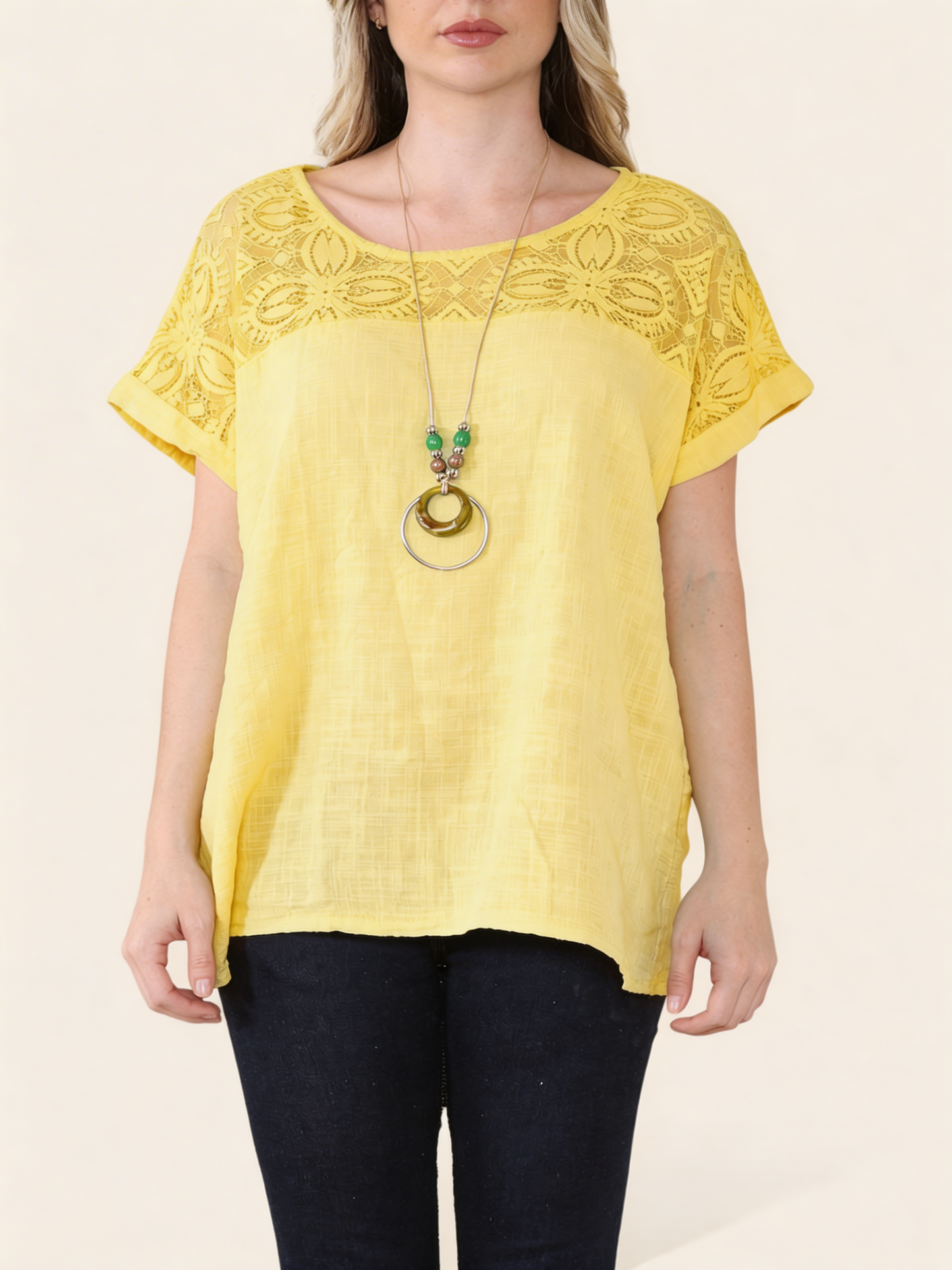 CROCHET LACE SHOULDER DETAIL TOP - LEMON