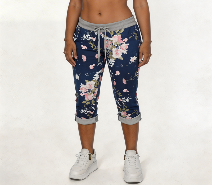 Floral Print Cropped Jogger Trousers with Elasticated Waist - Dark Denim