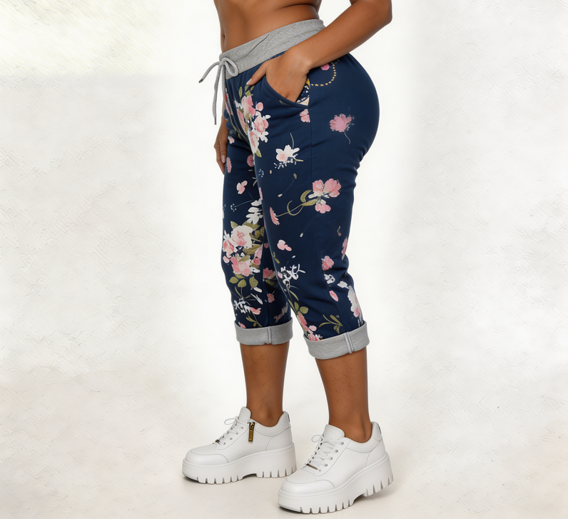 Floral Print Cropped Jogger Trousers with Elasticated Waist - Dark Denim