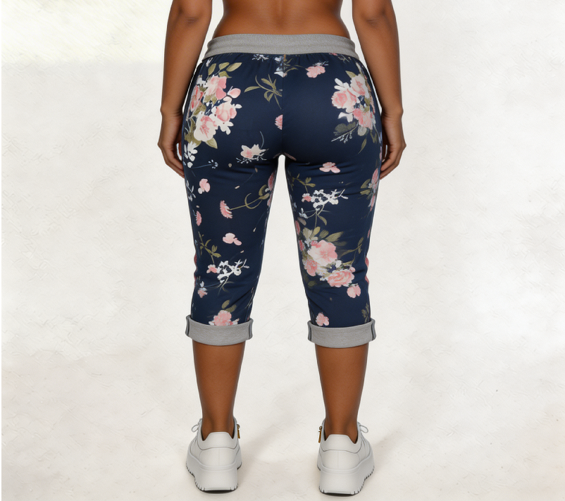 Floral Print Cropped Jogger Trousers with Elasticated Waist - Dark Denim