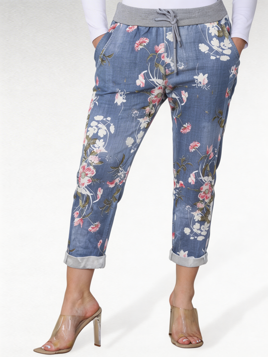 Floral Print Cropped Jogger Trousers with Elasticated Waist - Light Denim