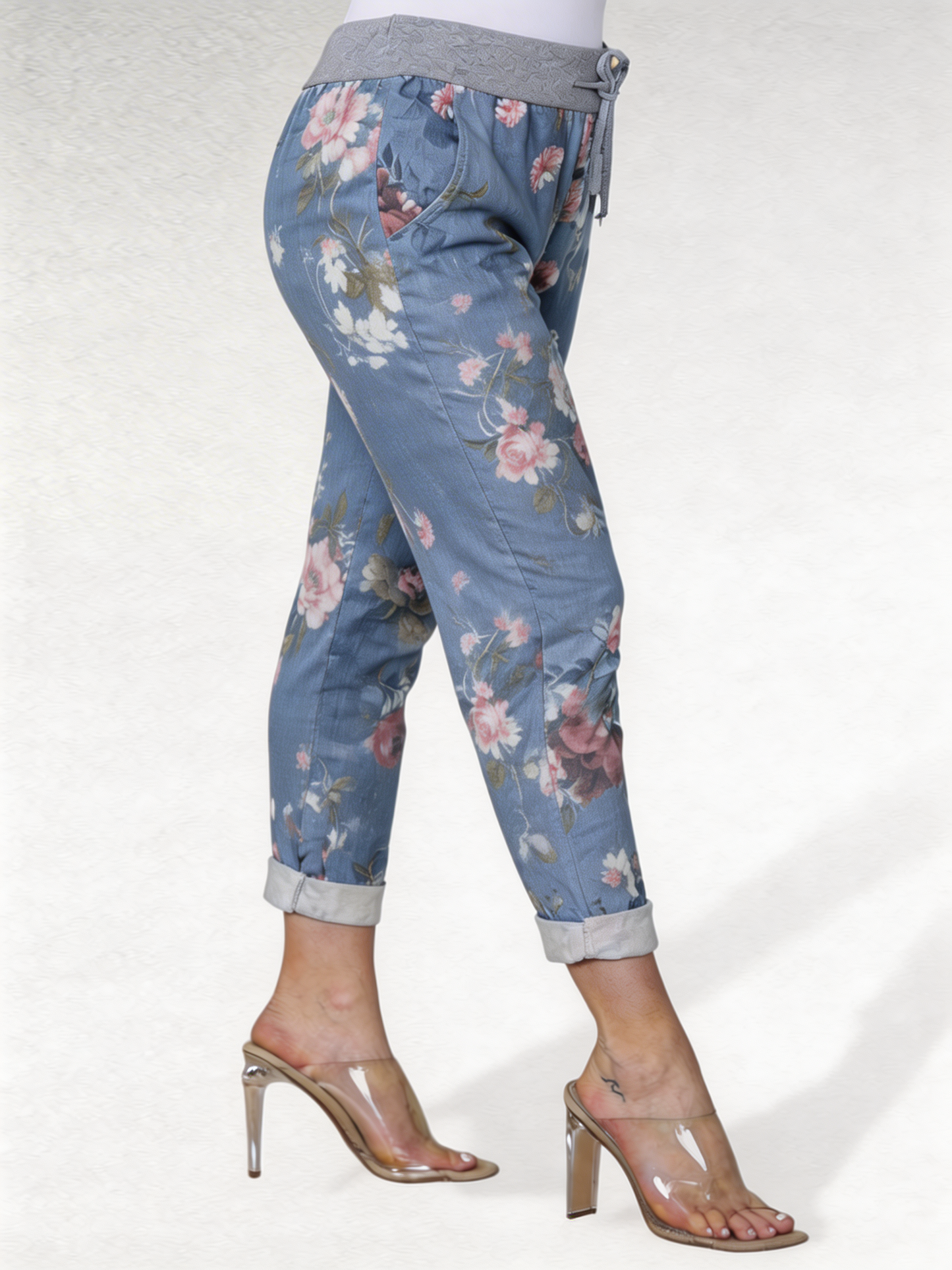 Floral Print Cropped Jogger Trousers with Elasticated Waist - Light Denim
