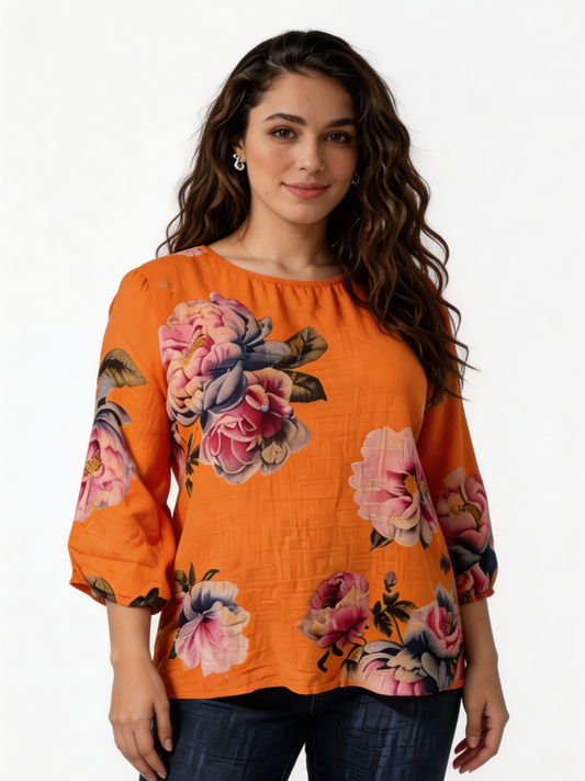 Large Bloom Floral Print Linen-Blend Top - Orange