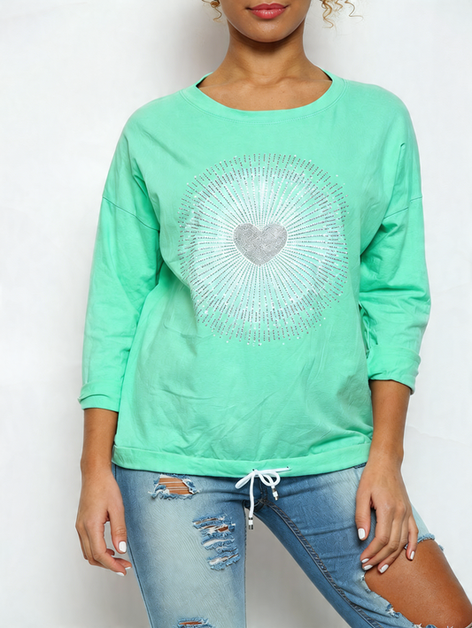 Ladies Sequin Heart Graphic Drawstring Hem Top Mint
