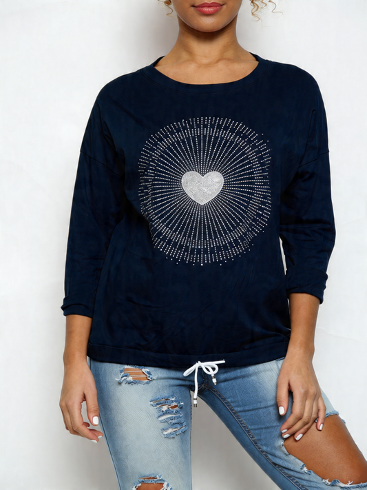 Ladies Sequin Heart Graphic Drawstring Hem Top Navy