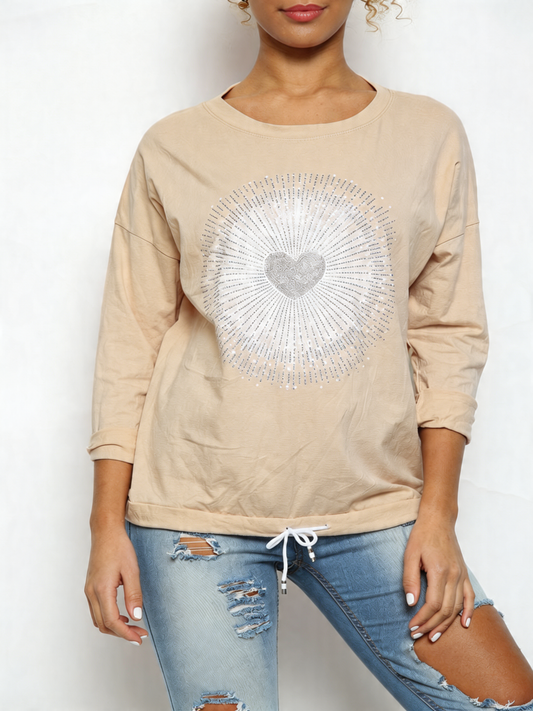 Ladies Sequin Heart Graphic Drawstring Hem Top Stone