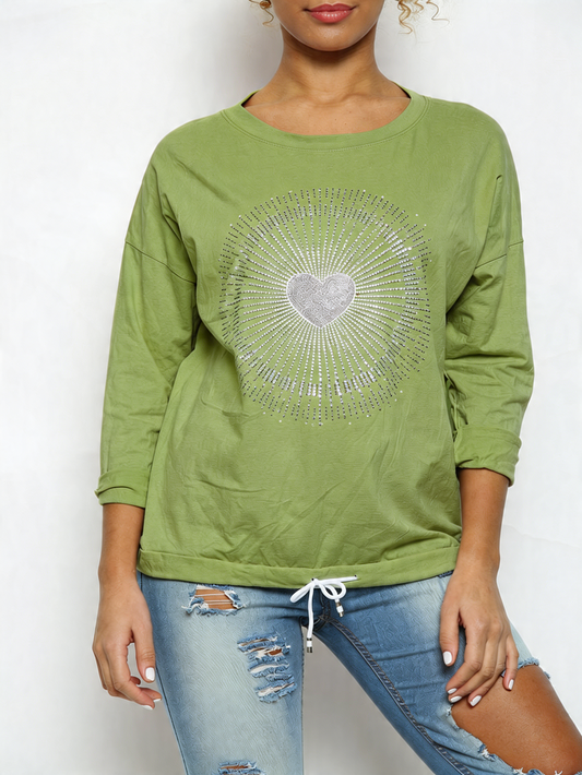Ladies Sequin Heart Graphic Drawstring Hem Top Light Khaki