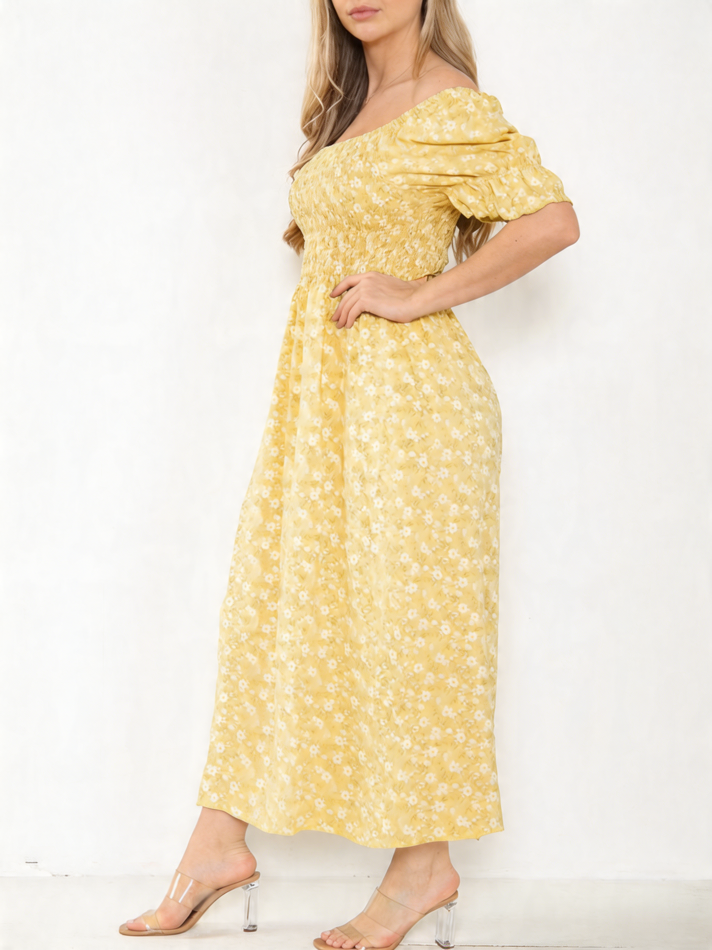 DITSY FLORAL BARDOT MAXI DRESS LEMON