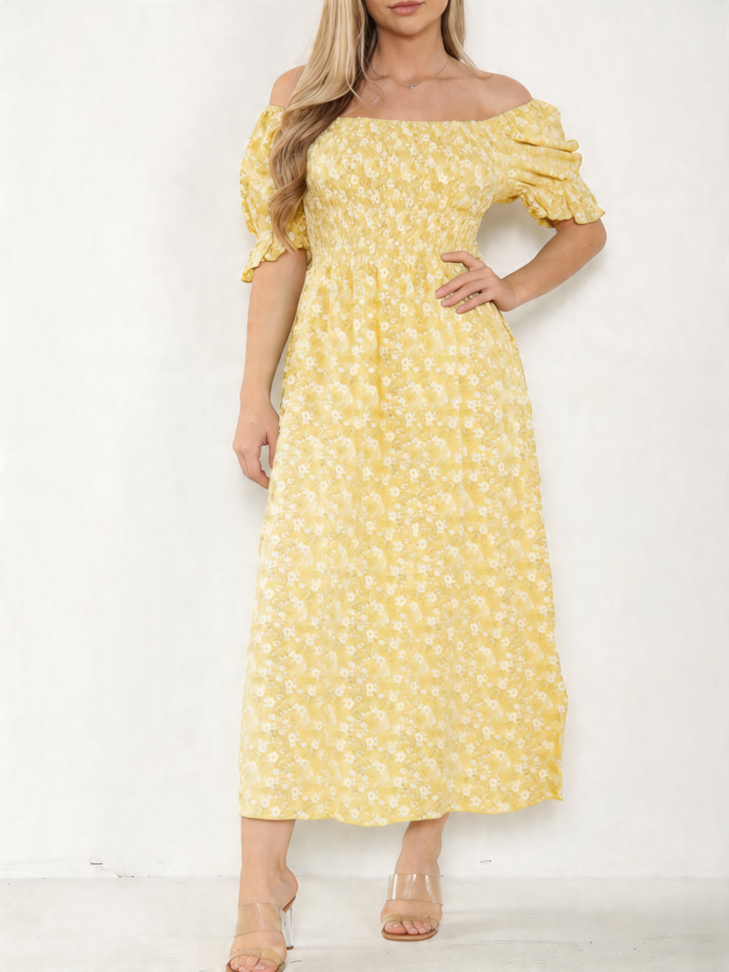 DITSY FLORAL BARDOT MAXI DRESS LEMON