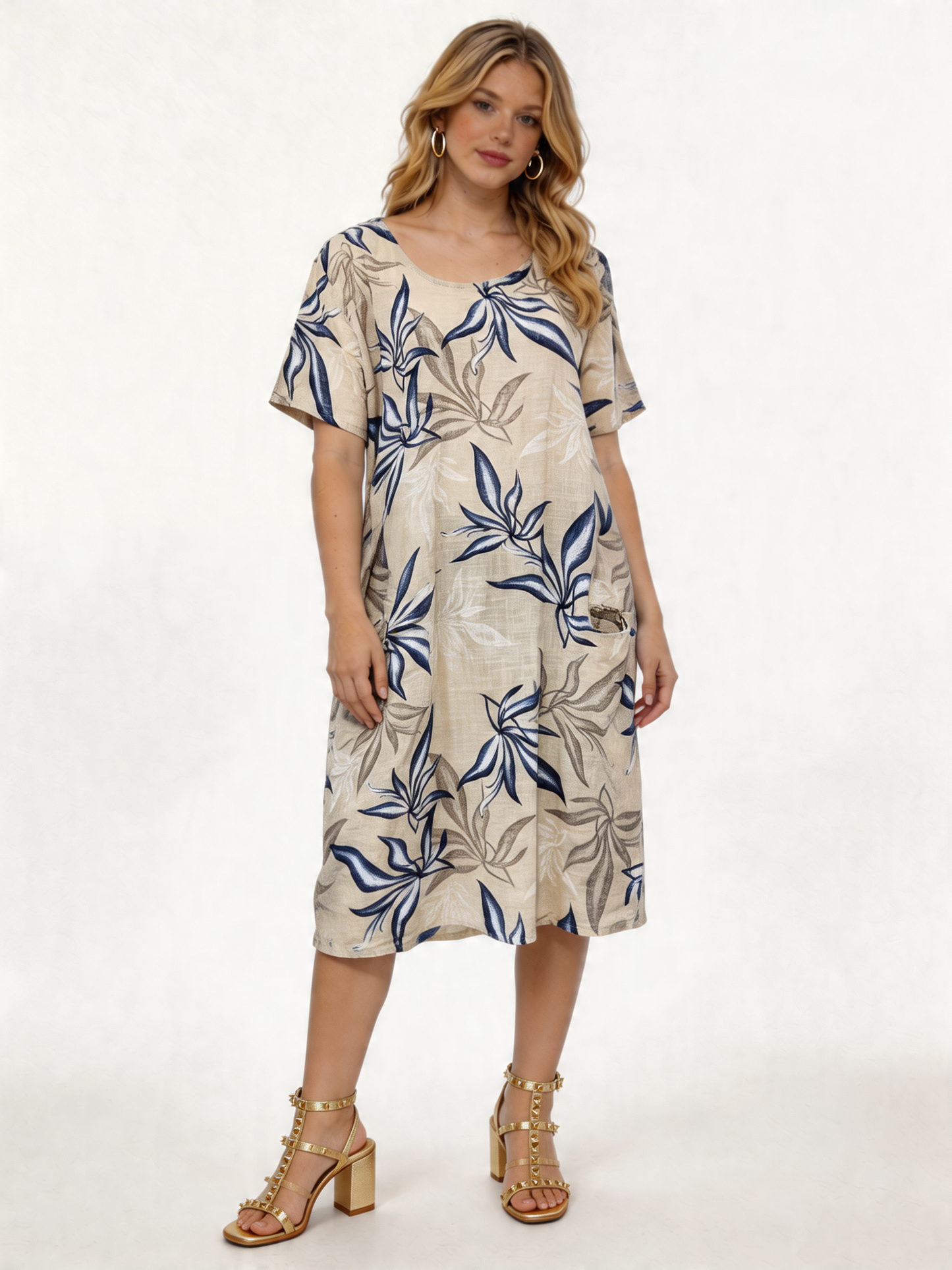 Tropical Leaf Print Linen Midi Dress - Beige