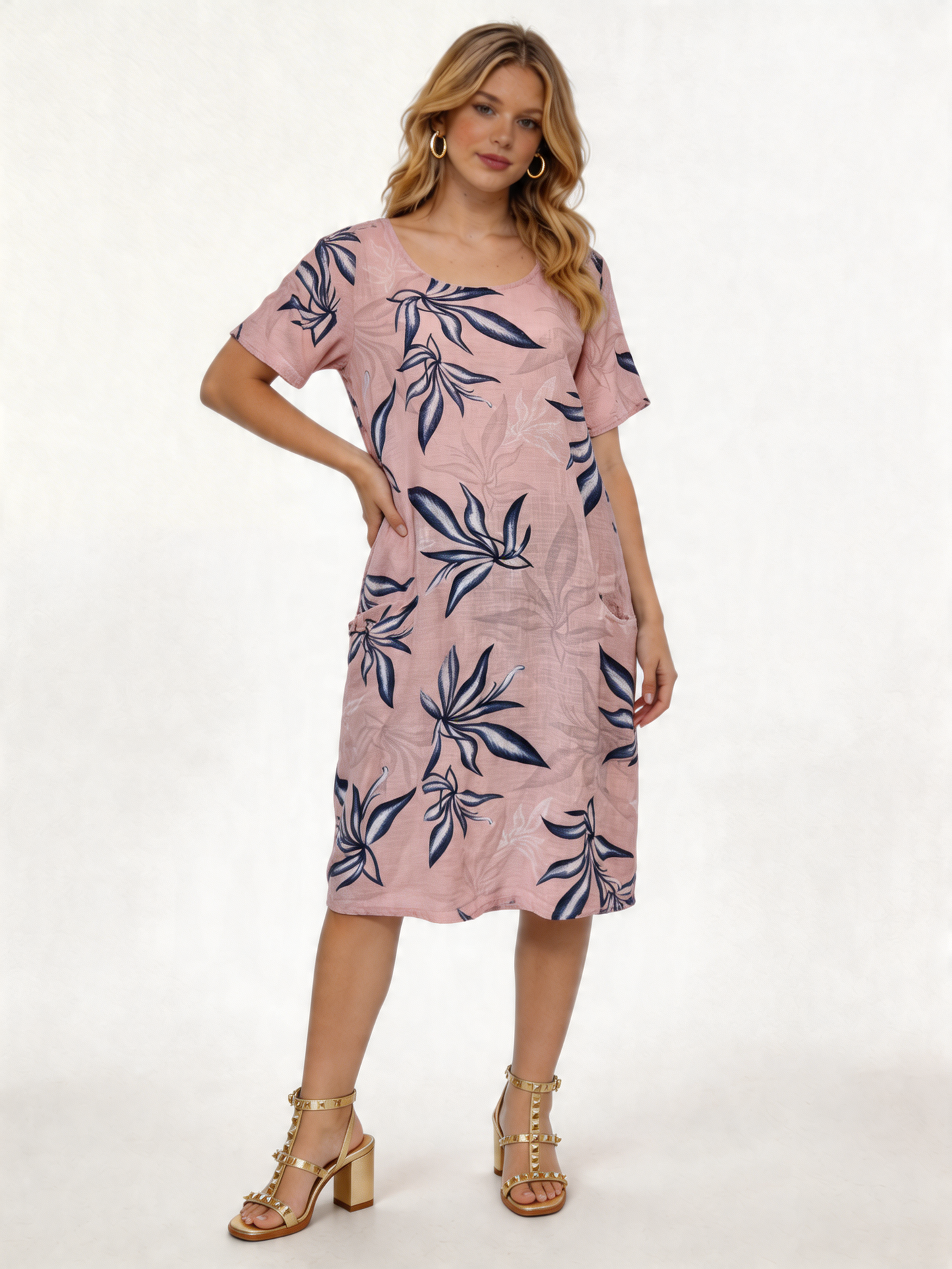 Tropical Leaf Print Linen Midi Dress - Dusty Pink