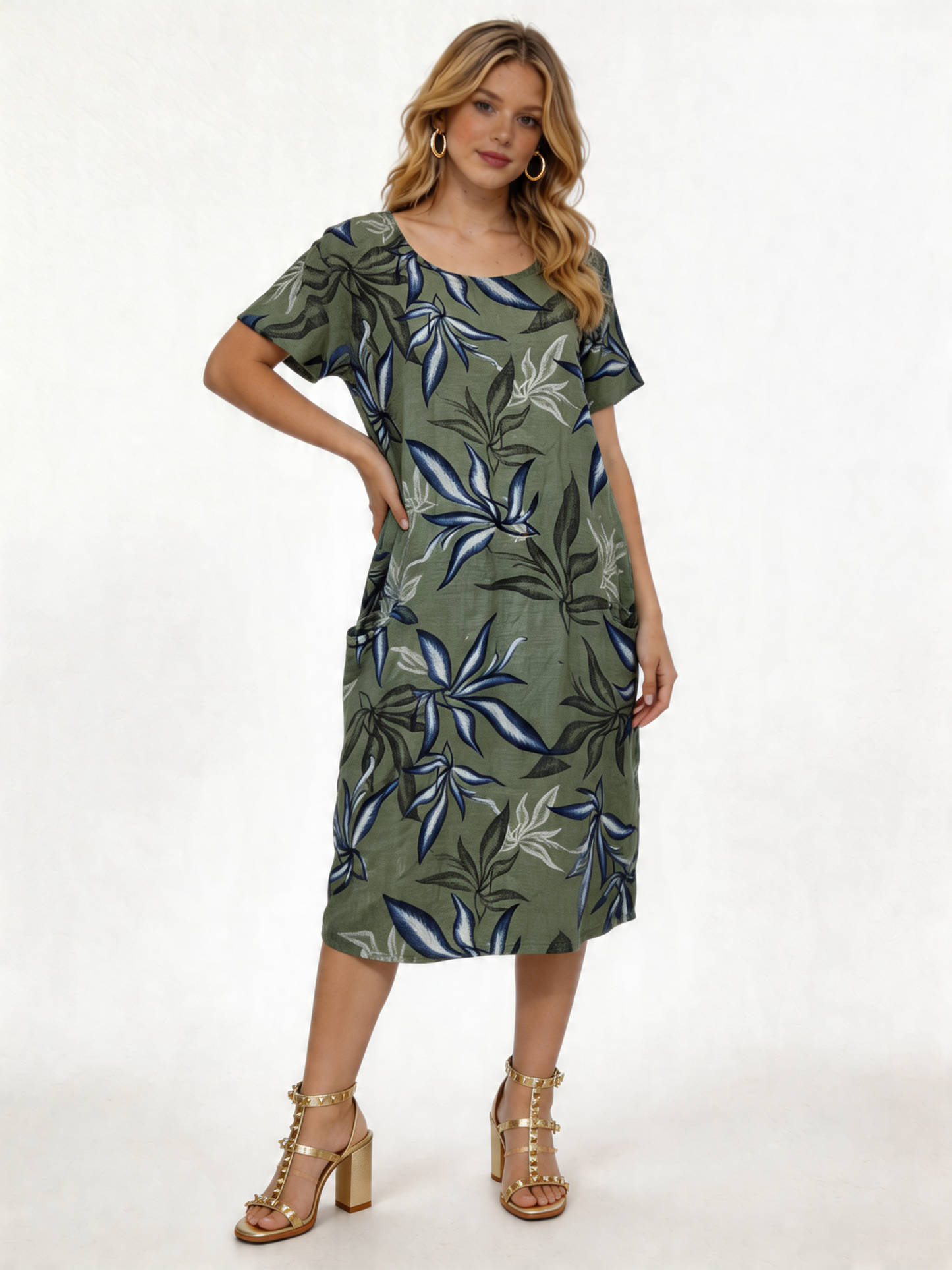 Tropical Leaf Print Linen Midi Dress - Khaki