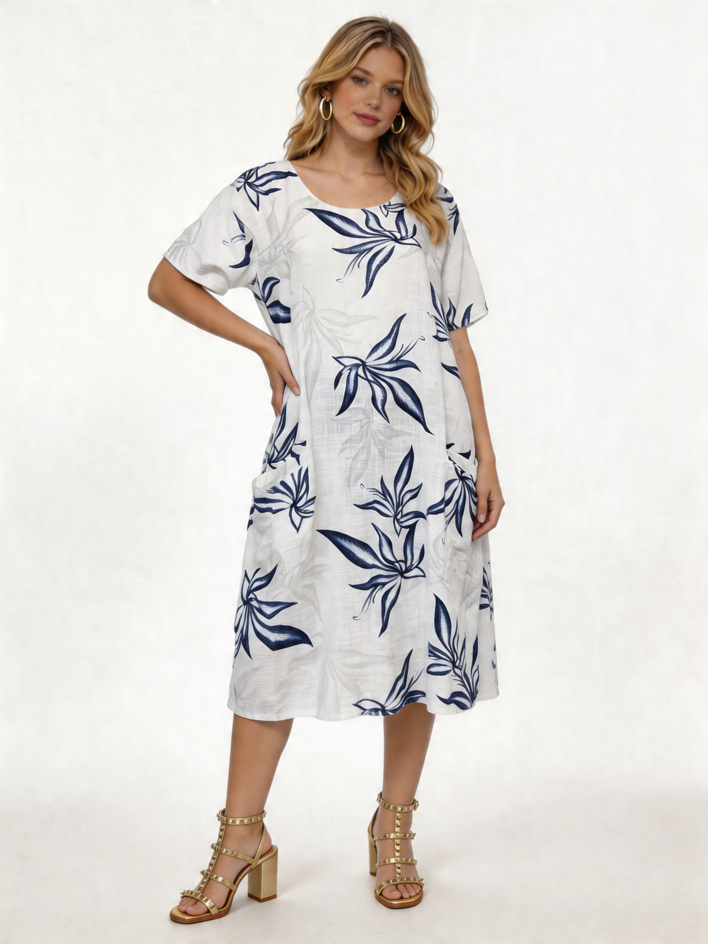 Tropical Leaf Print Linen Midi Dress - White