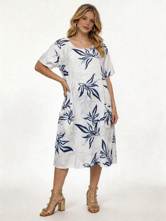 Tropical Leaf Print Linen Midi Dress - White