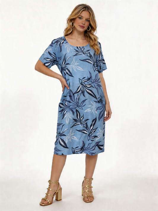 Tropical Leaf Print Linen Midi Dress - Sky Blue