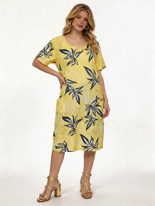 Tropical Leaf Print Linen Midi Dress - Lemon