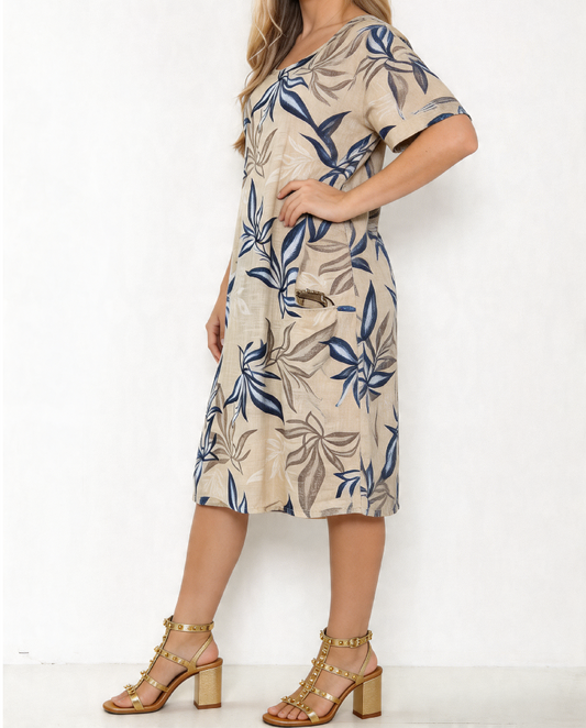 Tropical Leaf Print Linen Midi Dress - Beige