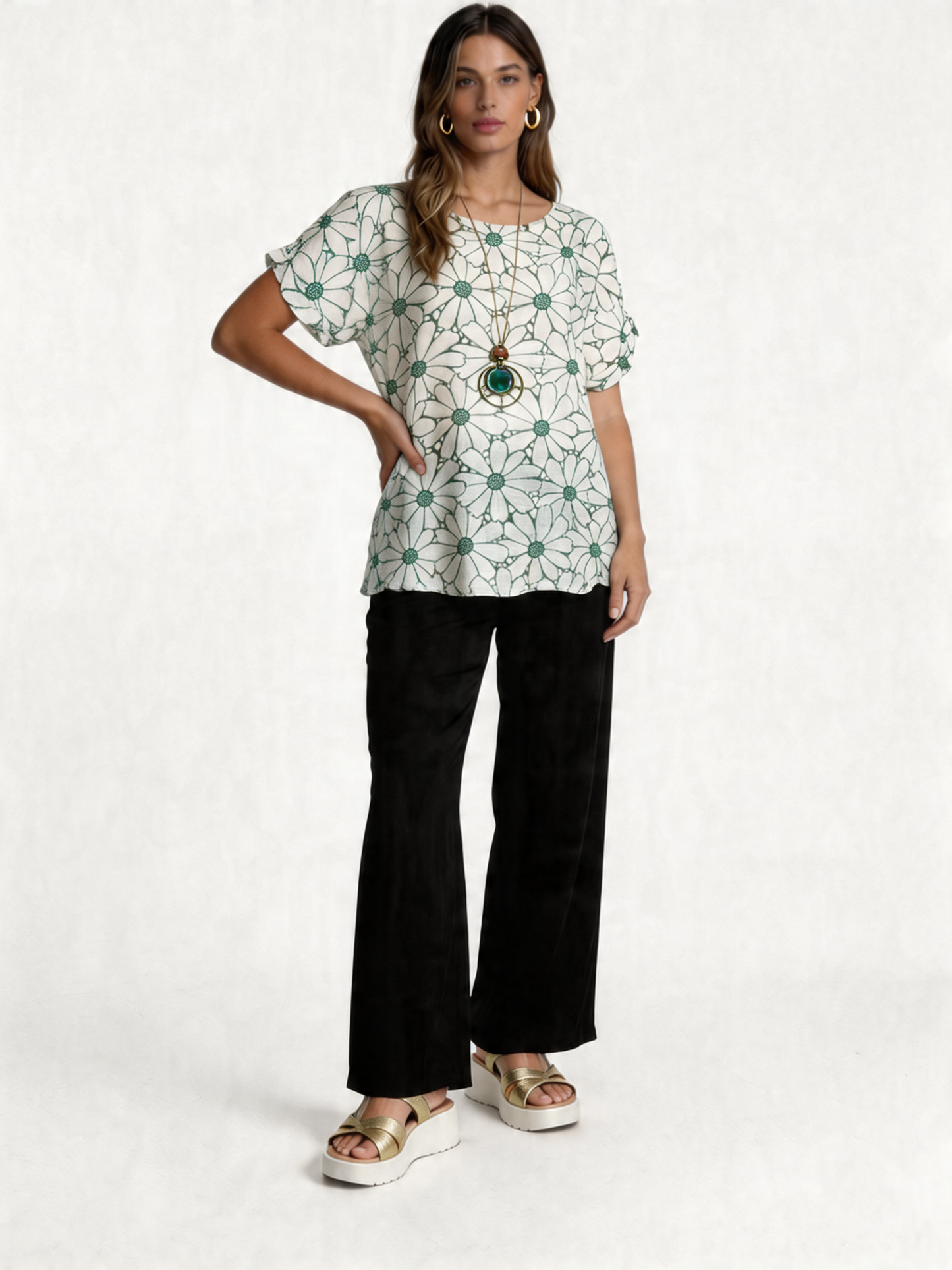 Retro Daisy Print Oversized Top - Sage