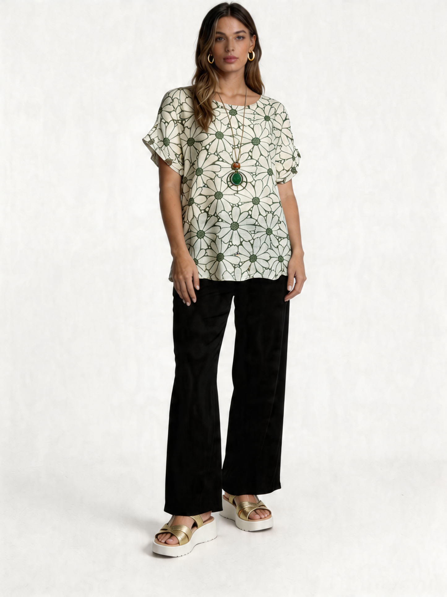 Oversized top met retro madeliefjesprint - Kakigroen