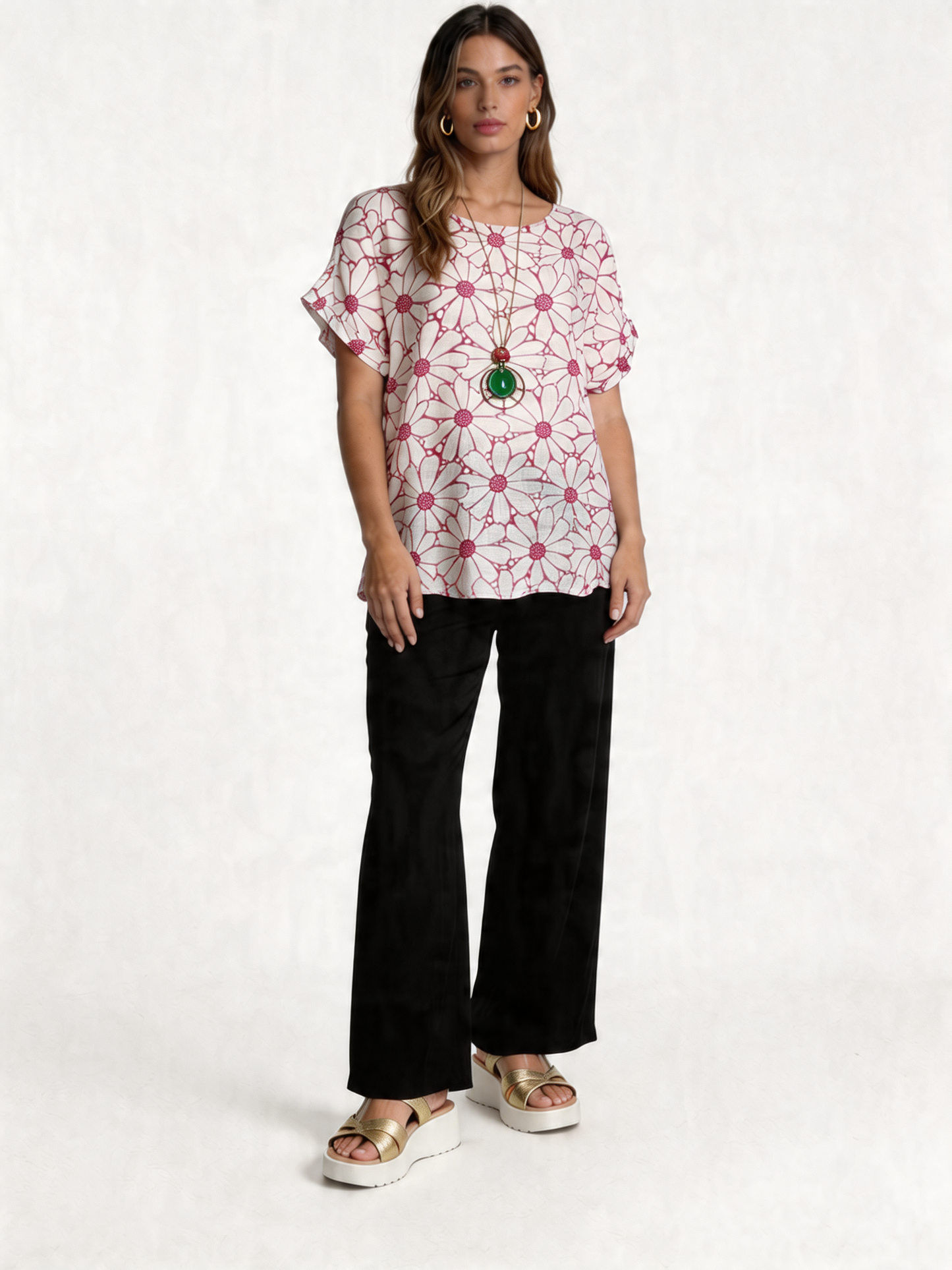 Retro Daisy Print Oversized Top - Fuchsia