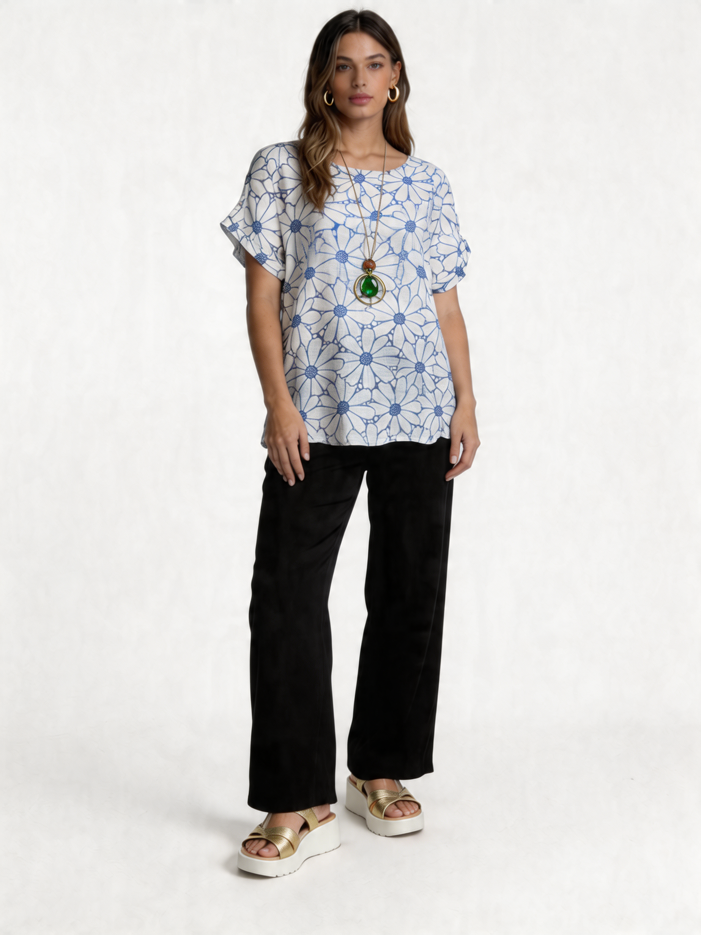 Retro Daisy Print Oversized Top - Denim