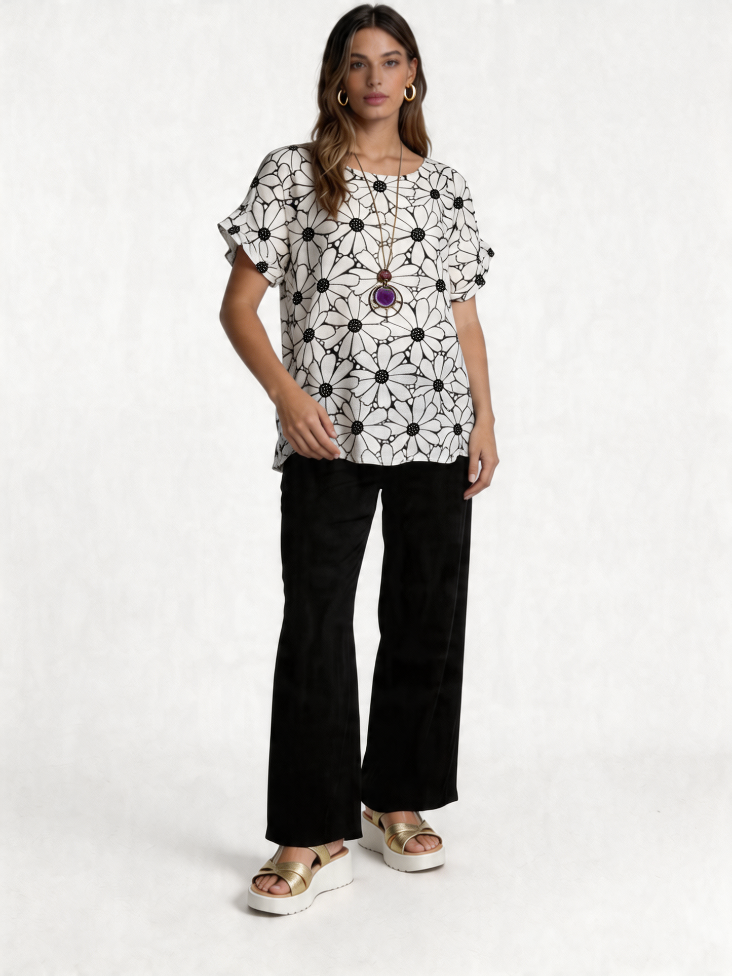 Retro Daisy Print Oversized Top - Black