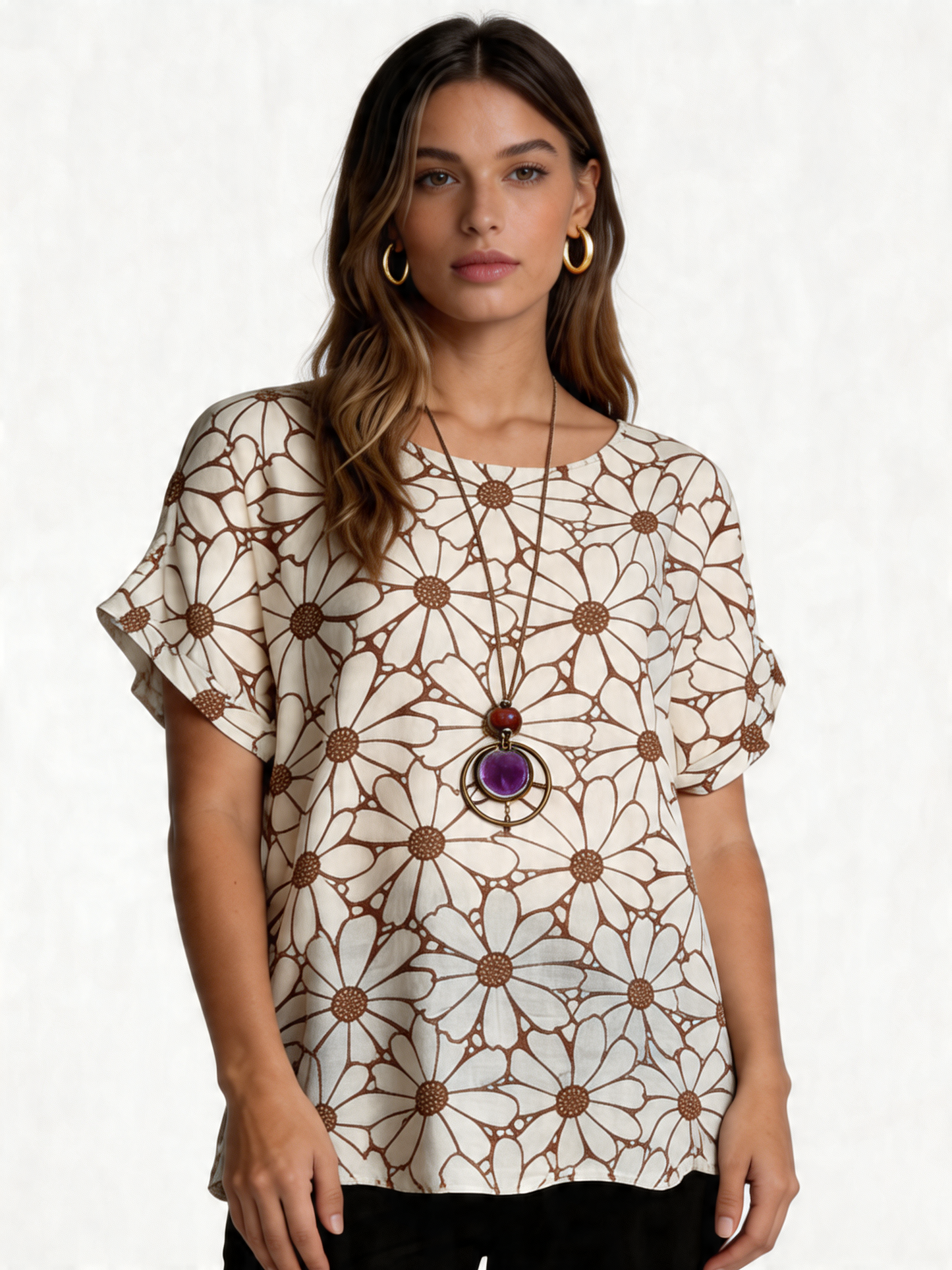 Retro Daisy Print Oversized Top - Beige