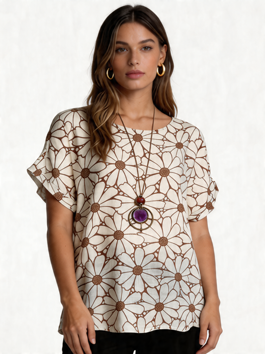 Retro Daisy Print Oversized Top - Beige