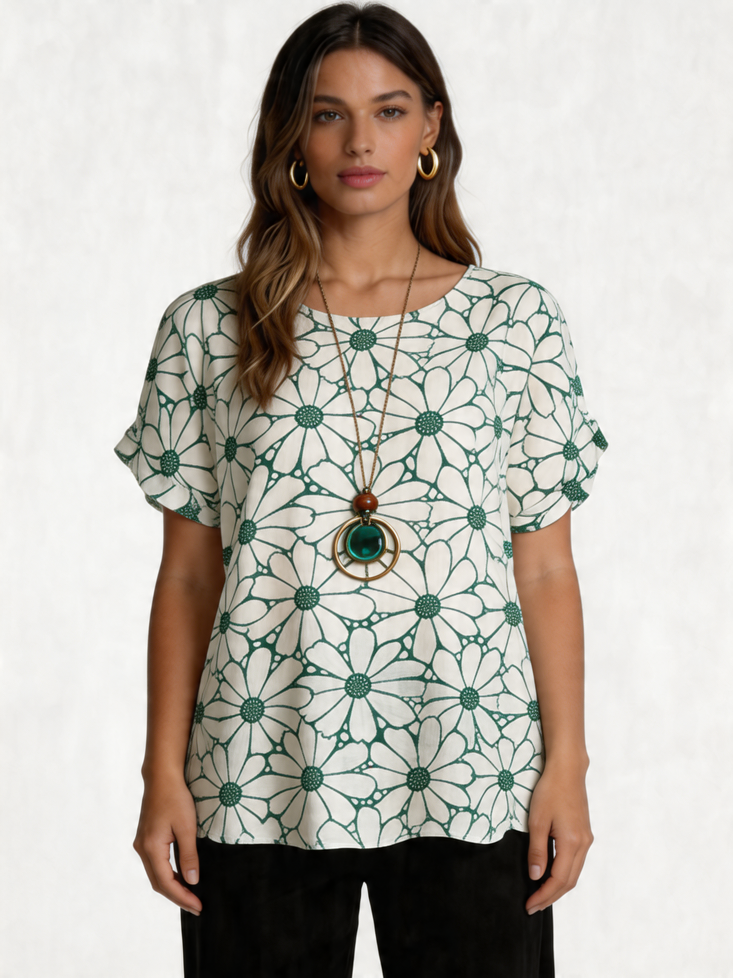 Retro Daisy Print Oversized Top - Sage