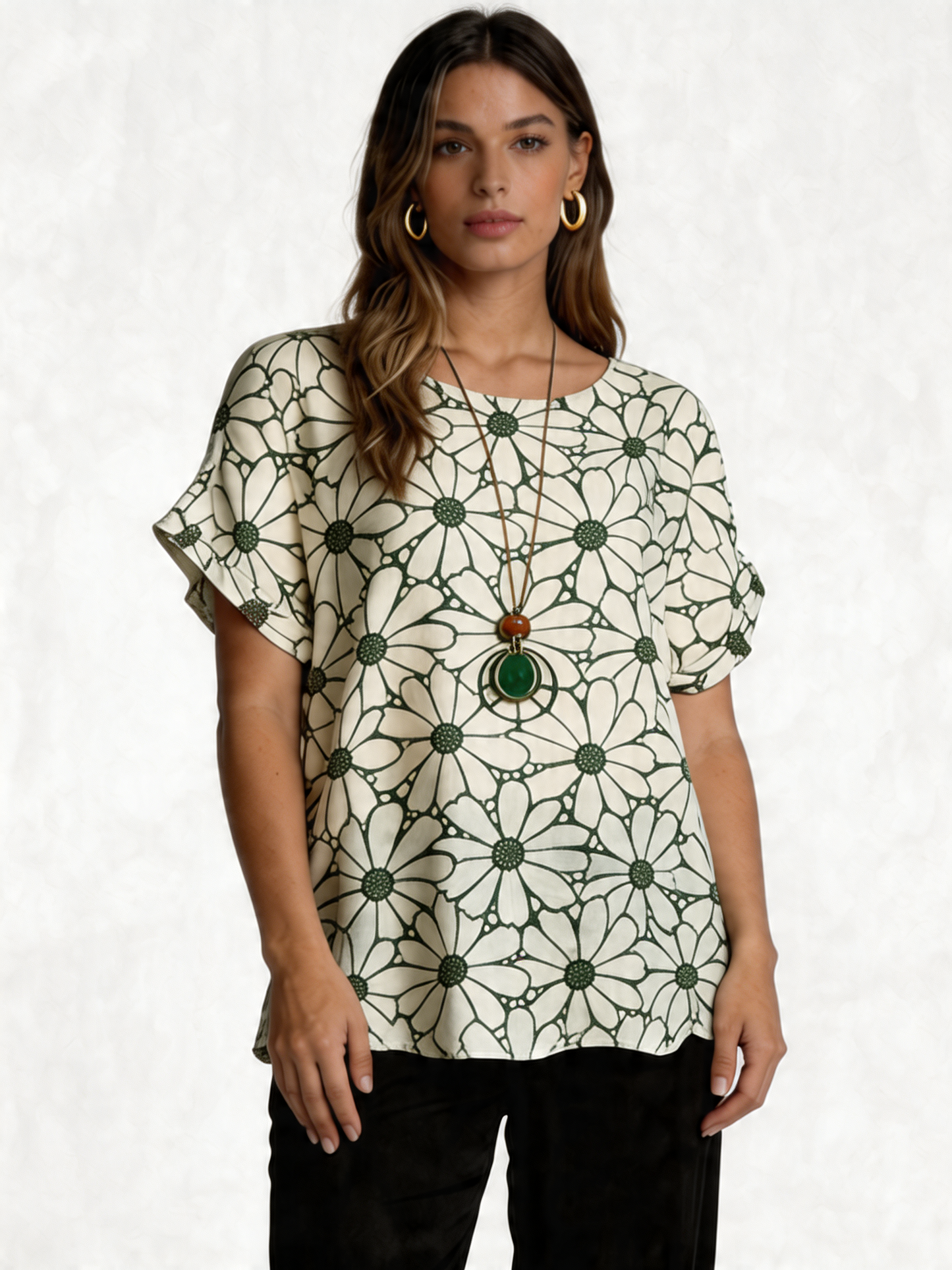 Oversized top met retro madeliefjesprint - Kakigroen
