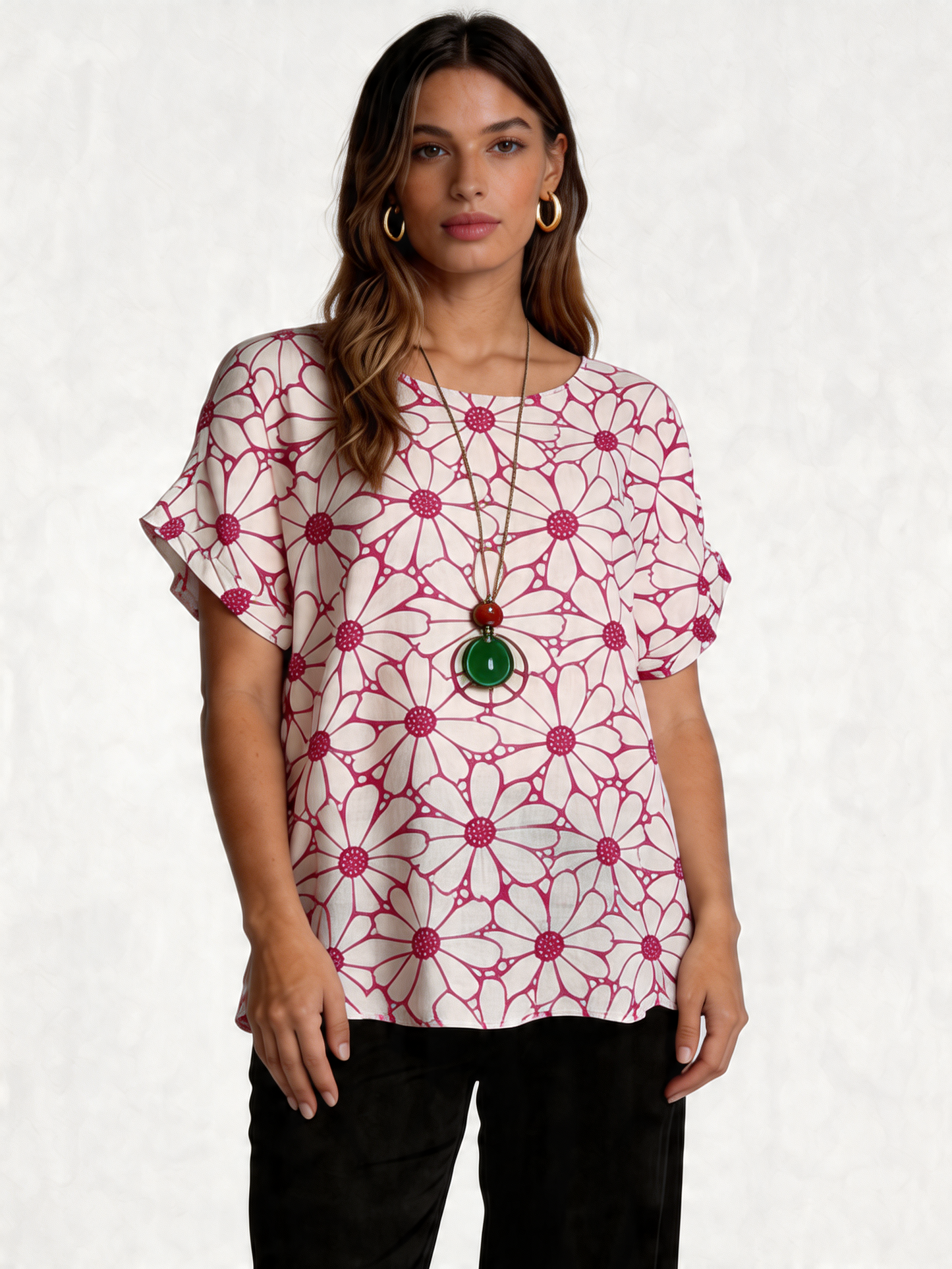 Retro Daisy Print Oversized Top - Fuchsia