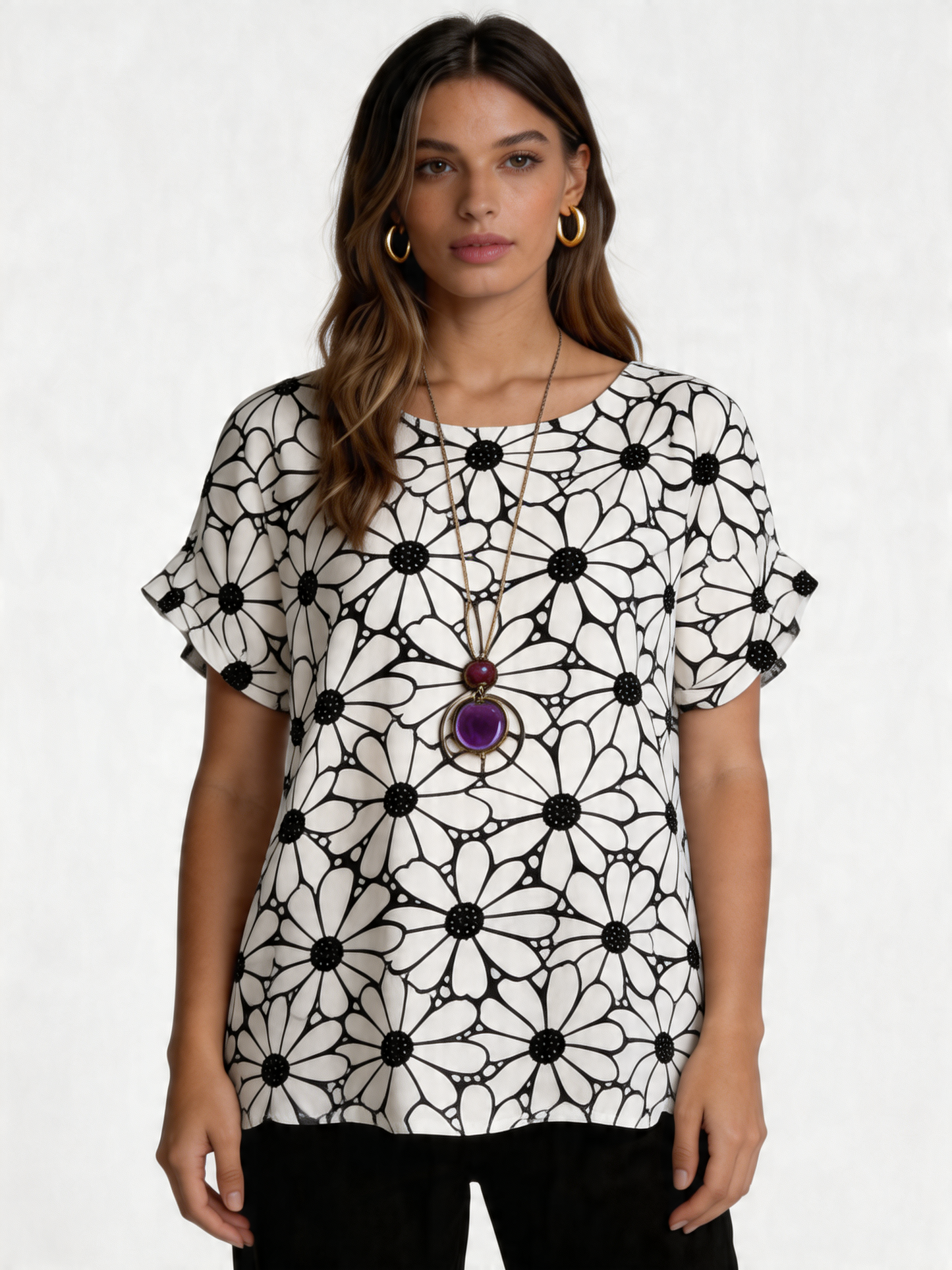 Retro Daisy Print Oversized Top - Black
