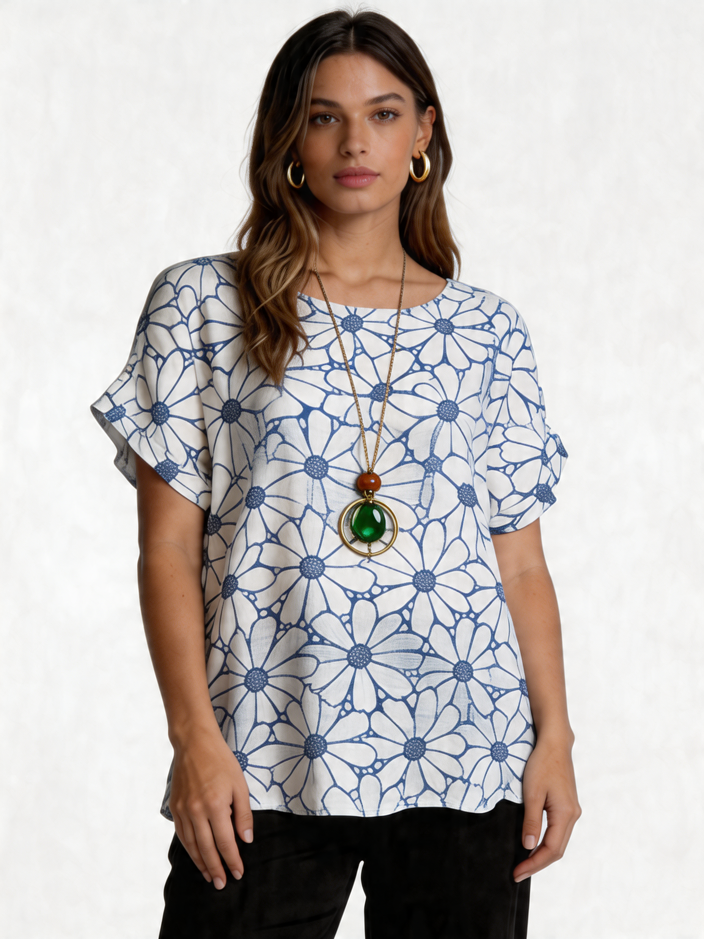Retro Daisy Print Oversized Top - Denim