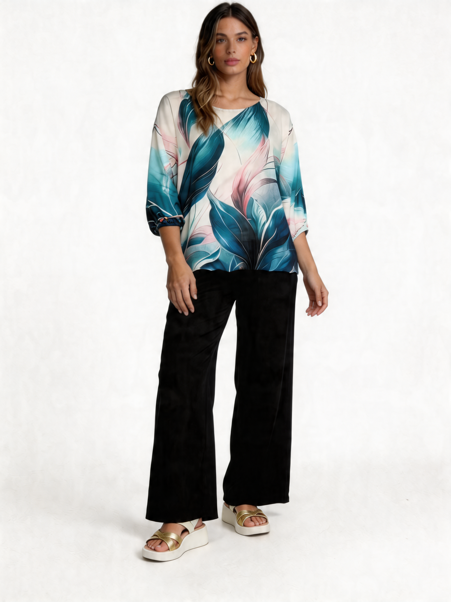 Tropical Bloom Floral Print Batwing Blouse 3/4 Sleeve - Turquoise