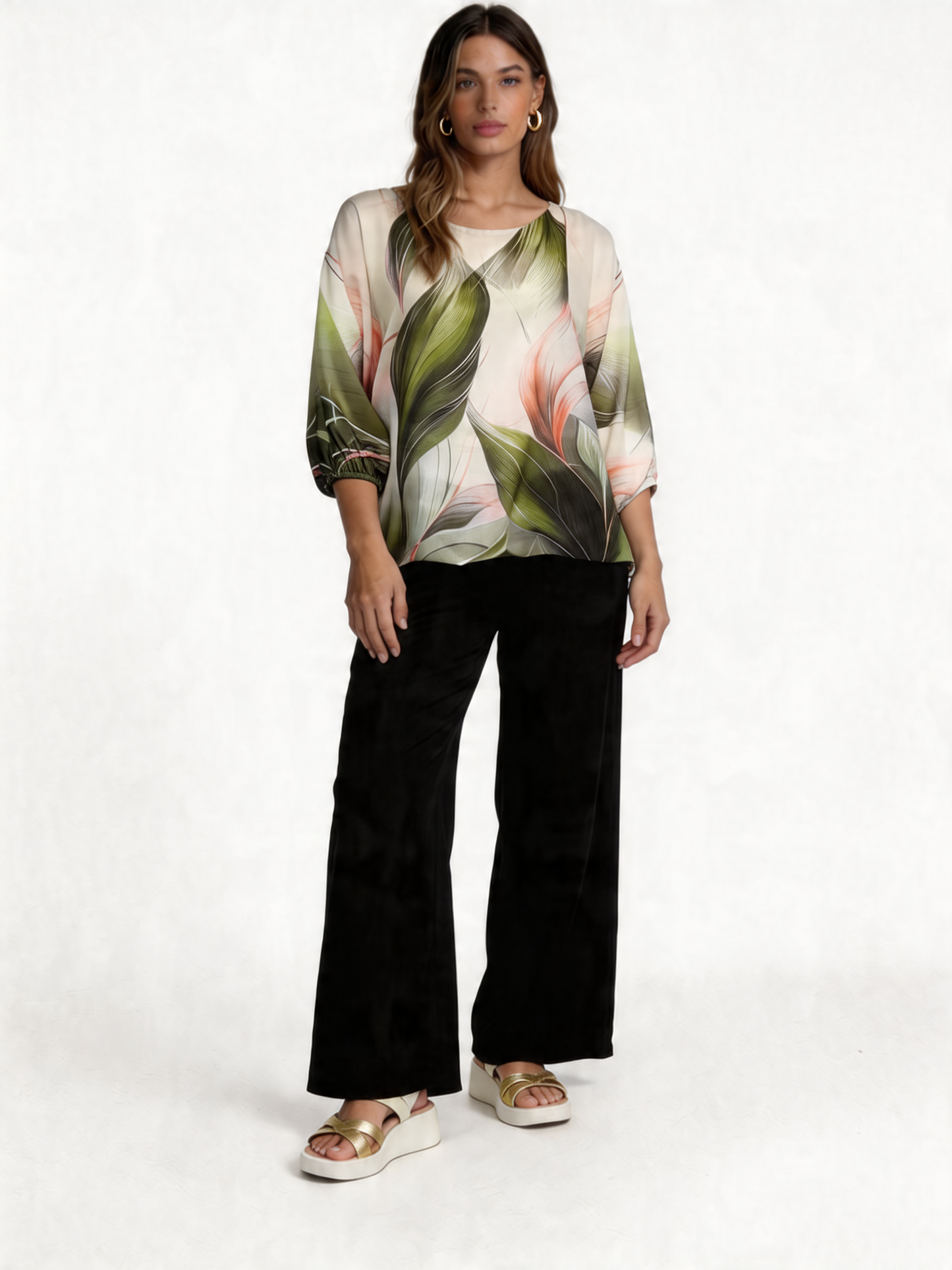 Tropical Bloom Floral Print Batwing Blouse 3/4 Sleeve - Khaki
