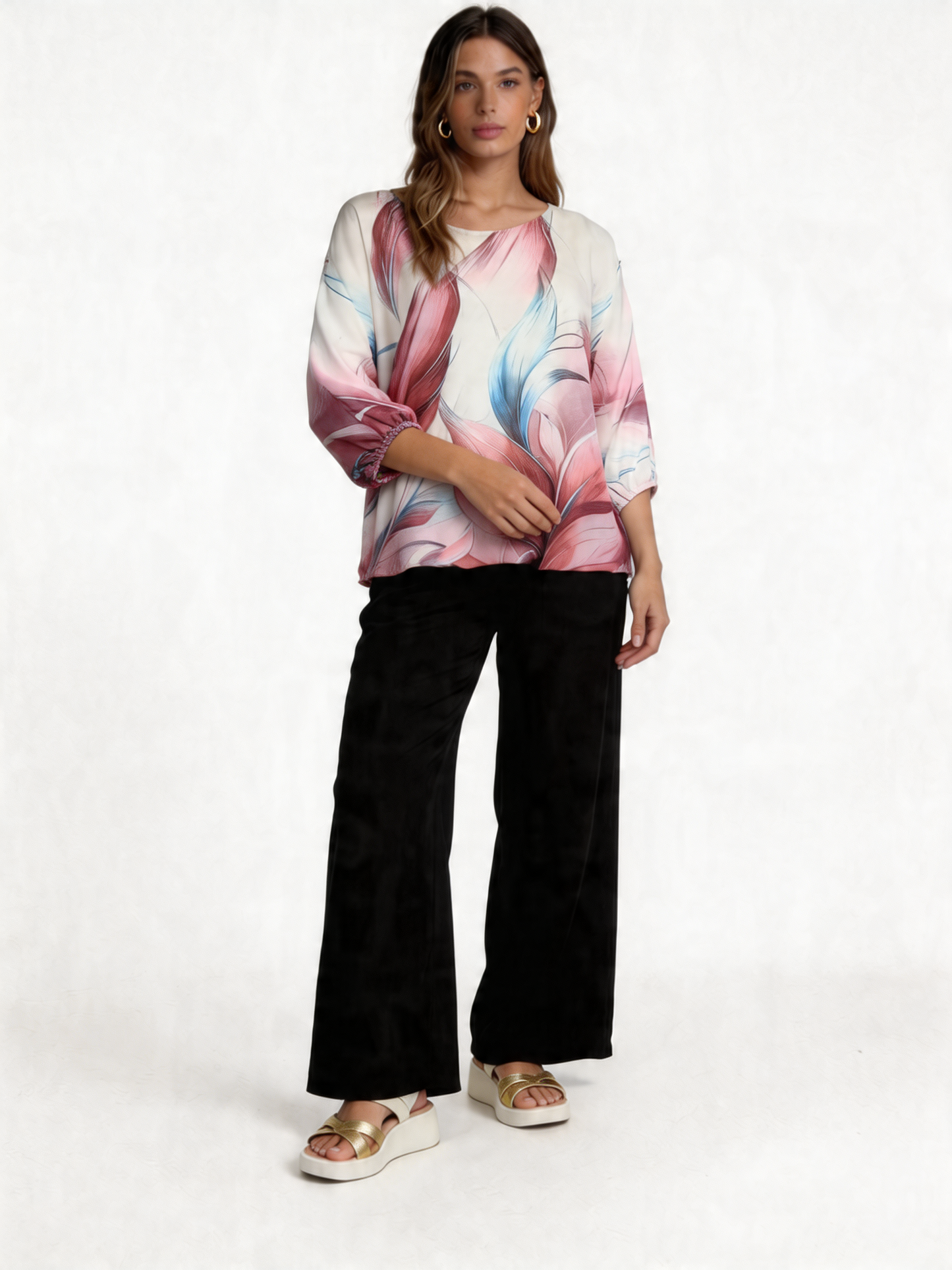 Tropical Bloom Floral Print Batwing Blouse 3/4 Sleeve - Dusty Pink