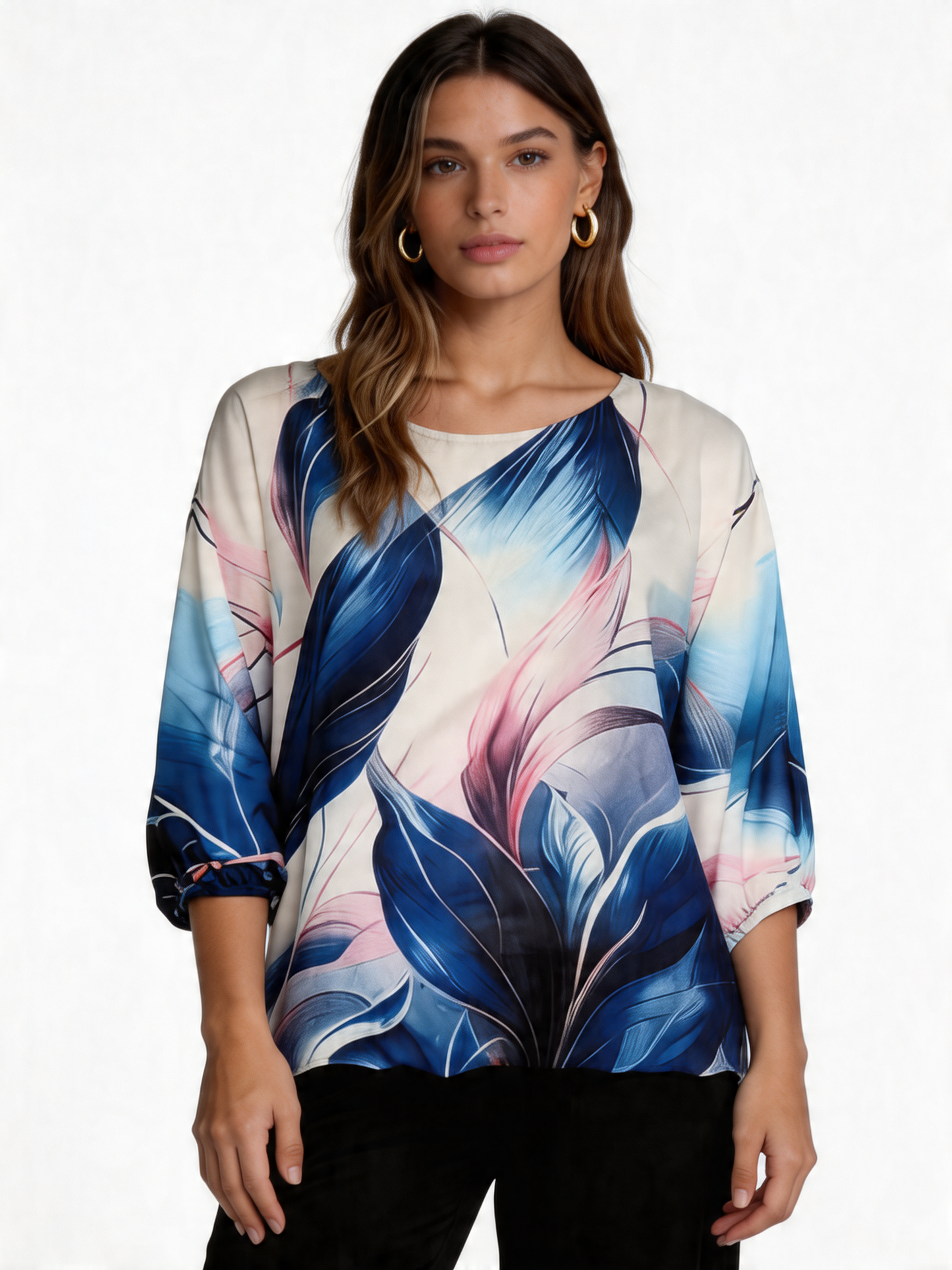 Tropical Bloom Floral Print Batwing Blouse 3/4 Sleeve - Royal Blue