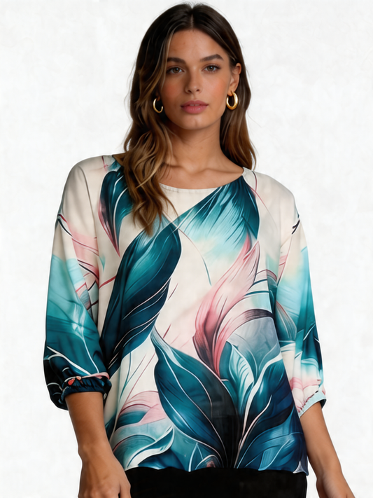Tropical Bloom Floral Print Batwing Blouse 3/4 Sleeve - Turquoise