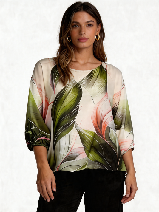 Tropical Bloom Floral Print Batwing Blouse 3/4 Sleeve - Khaki