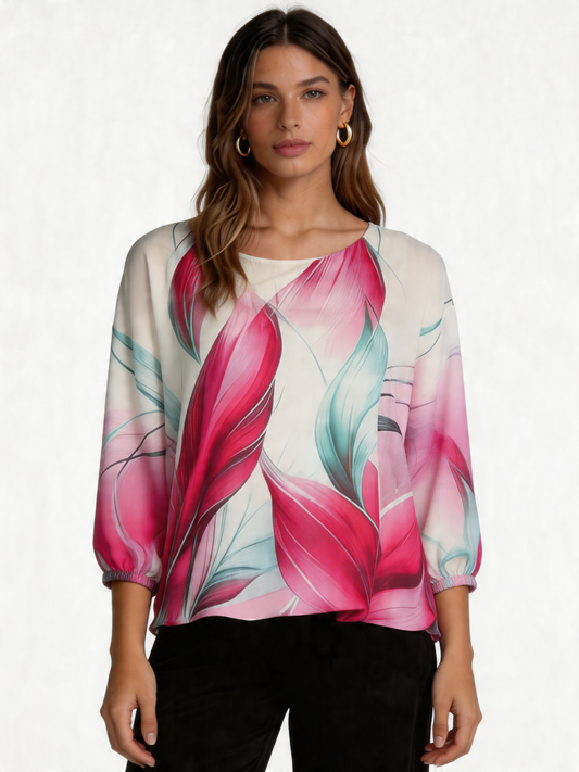 Tropical Bloom Floral Print Batwing Blouse 3/4 Sleeve - Fuchsia