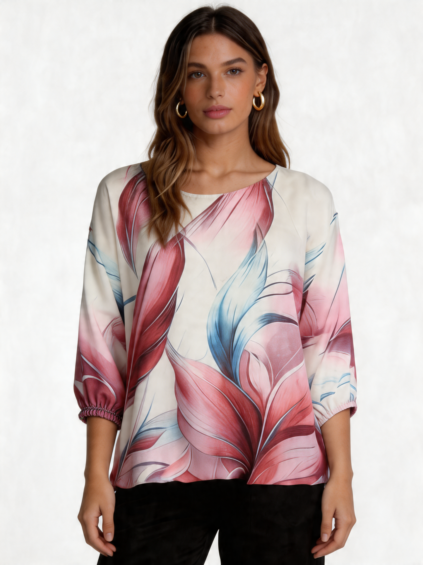 Tropical Bloom Floral Print Batwing Blouse 3/4 Sleeve - Dusty Pink