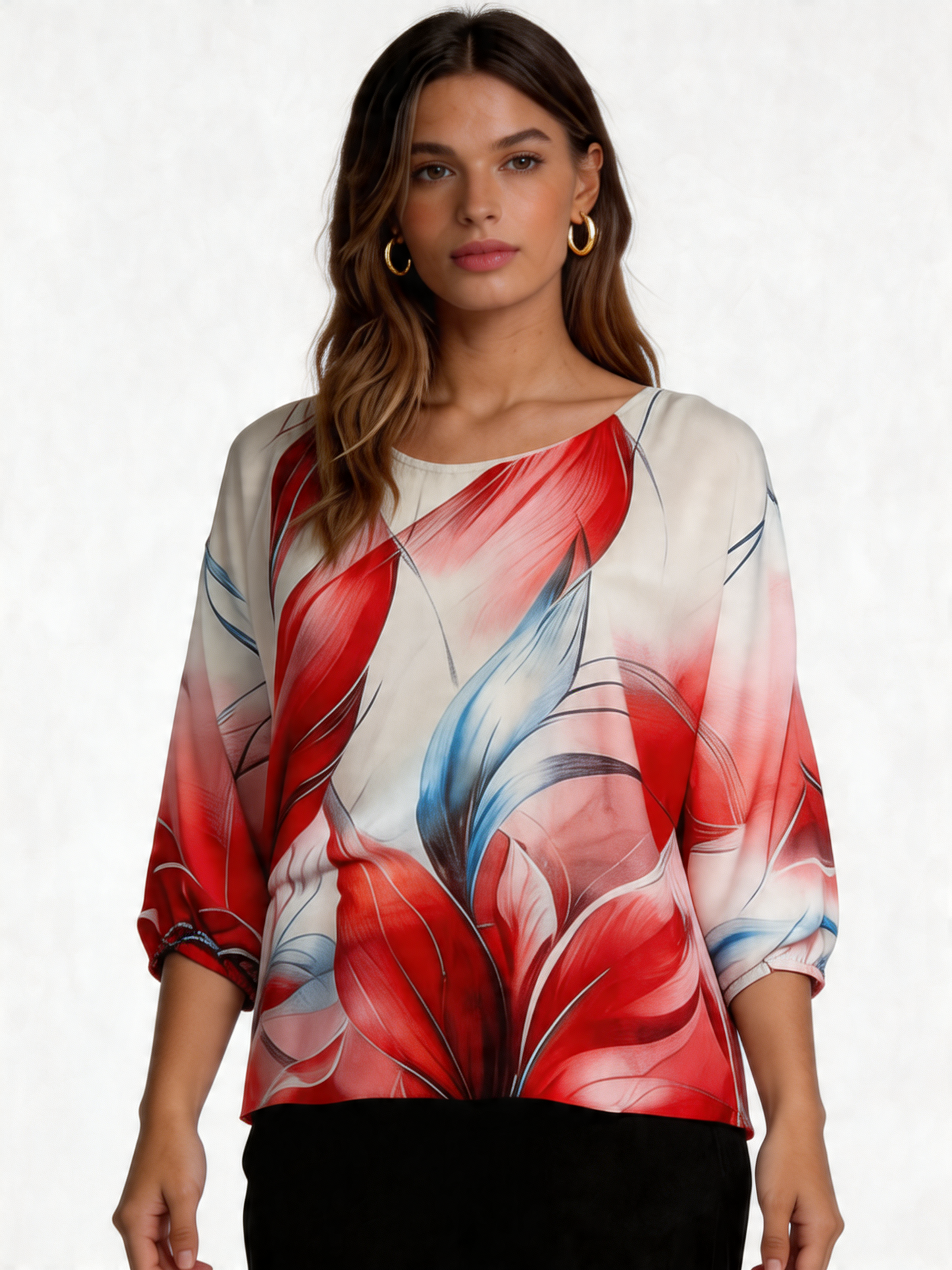 Tropical Bloom Floral Print Batwing Blouse 3/4 Sleeve - Coral
