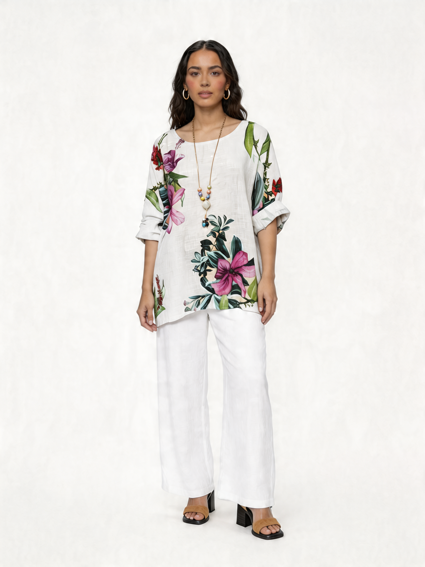 Botanical Garden Floral Print Linen Tunic Top - White
